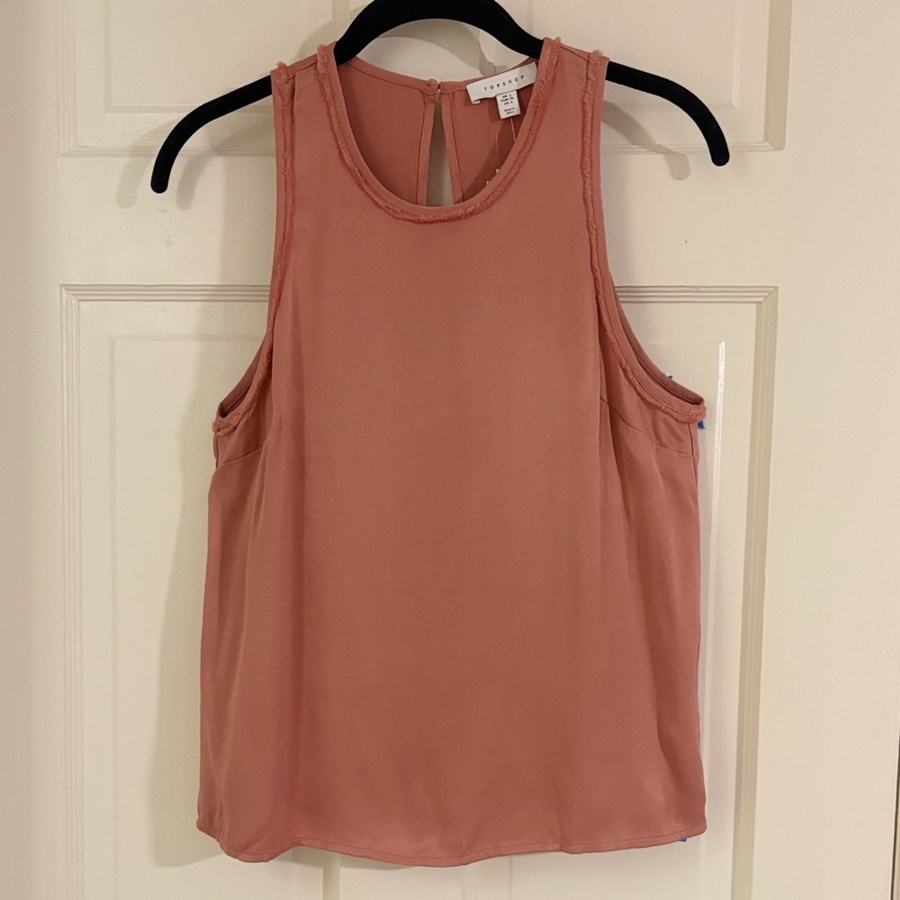 Topshop Women Rose Pink Satin Sleeveless Blouse Fringed Trim Size US 4 NWT